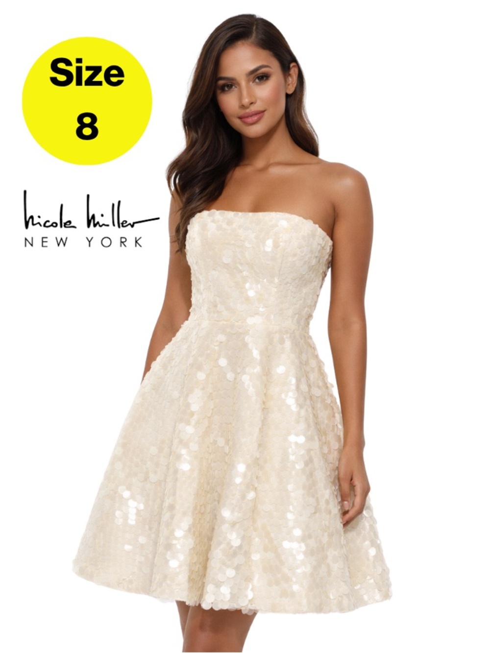 NICOLE MILLER 🤍 Strapless, Sequins Formal Dress in Champagne Ivory (Women’s 8)